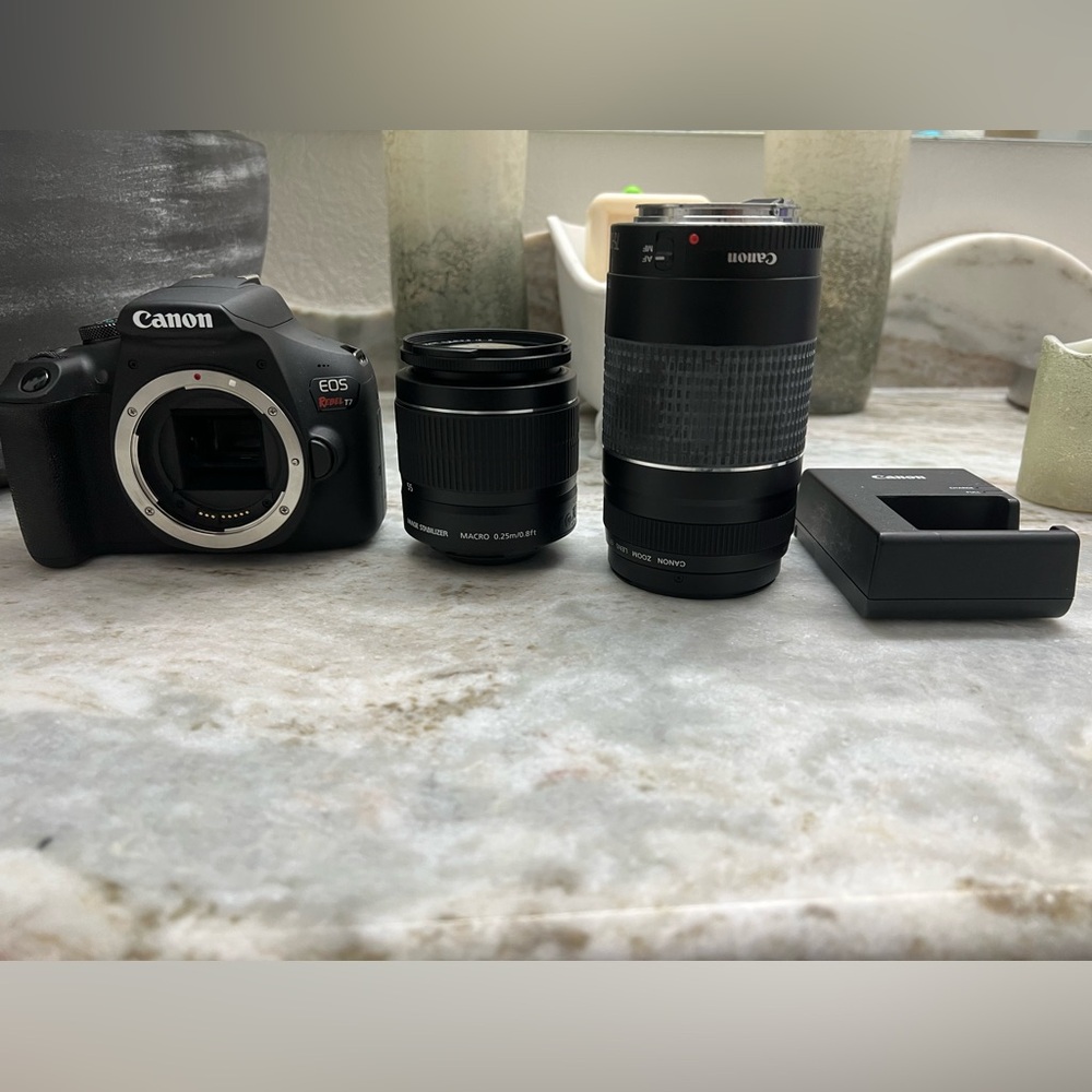 Canon Black DSLR Camera with Two Lenses and Charger